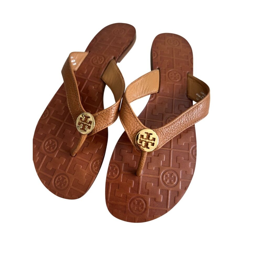 TORY BURCH Tan Gold Leather Strap Flip Flop Sandals Size 8 - Picture 9 of 10